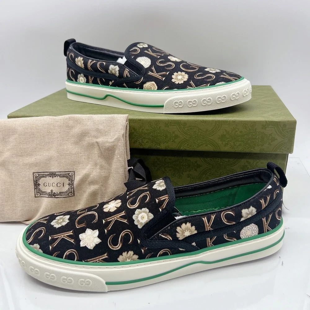 GUCCI Tennis 1977 Sneaker Ken Scott Print Mens Loafer Black White UK 8.5 US 9